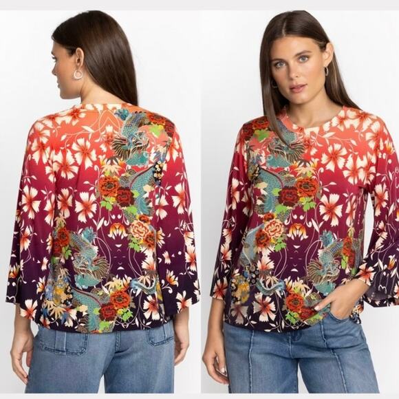 EUC Johnny Was Adalena Kimono Sleeve Tee Size XS Floral Dragon Print Stretch Top - Picture 12 of 12